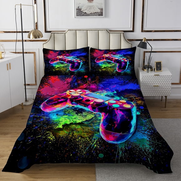 Erosebridal Game Controller Coverlet Set Twin, Gaming Gamer Quilt Sets for Twin Size Bed, 3D Watercolor Gamepad Bedspread Sets Twin Size, Super Cozy Bedroom Decoration, 2pcs
