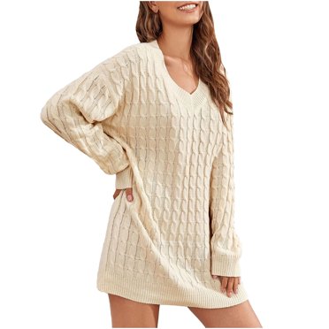CEHVOM Women Casual Solid Round Neck Long Sleeve Pullover Knit Sweater Dress