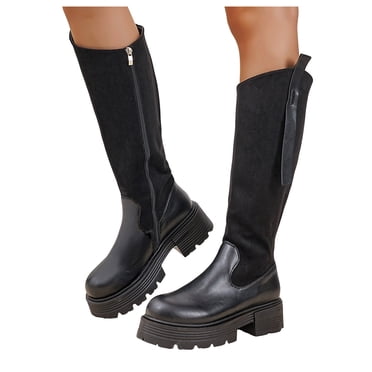 Platform Mid Calf Riding Boots for Women 2025 Black Leather Suede Patchwork Chunky Wide Knee High Tall Boots