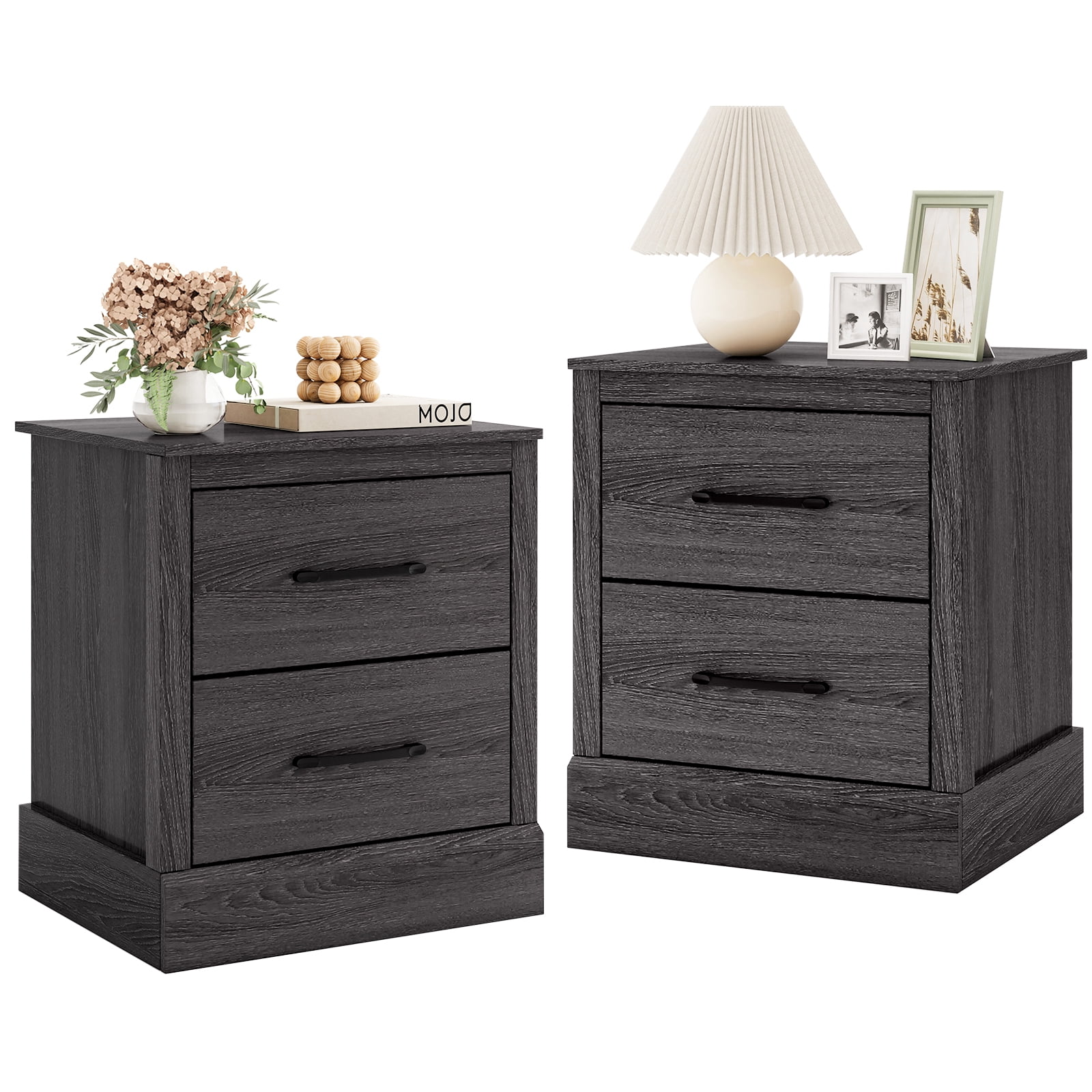 Gymax Set of 2 Drawer Nightstand Bedside Table Compact Sofa End Table Oak Dark Grey