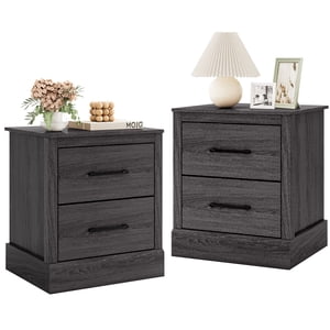 Gymax Set of 2 Drawer Nightstand Bedside Table Compact Sofa End Table Oak Dark Grey