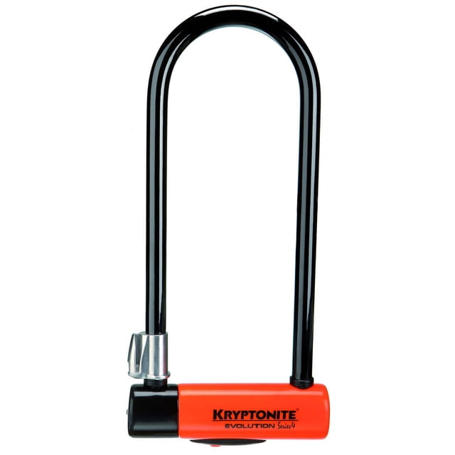 Kryptonite Evolution Series-4 LS Heavy Duty Bicycle U Lock Bike Lock with Transit FlexFrame Bracket, featuring a robust black steel U-shaped shackle and an orange locking mechanism with Kryptonite branding. Ideal for bike security and anti-theft protection, with dimensions of 4 inches by 11.5 inches.