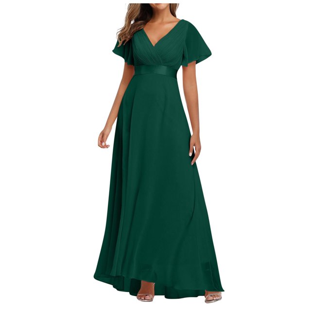 Robe à Col en V pour Femme en Mousseline Élastique, Robe de Soirée de Demoiselle d'Honneur pour Banquet, Couleur Unie Verte. la Robe Présente un Col en V Flatteur, des Manches Courtes à Volants et une Taille Ajustée avec une Jupe en Mousseline Fluide. Convient aux occasions Décontractées, de Fête Ou Formelles. Fabriquée en polyester, Elle Est Légère et Convient aux Tailles Fidèles. Offerte en Tailles P à TTG.
