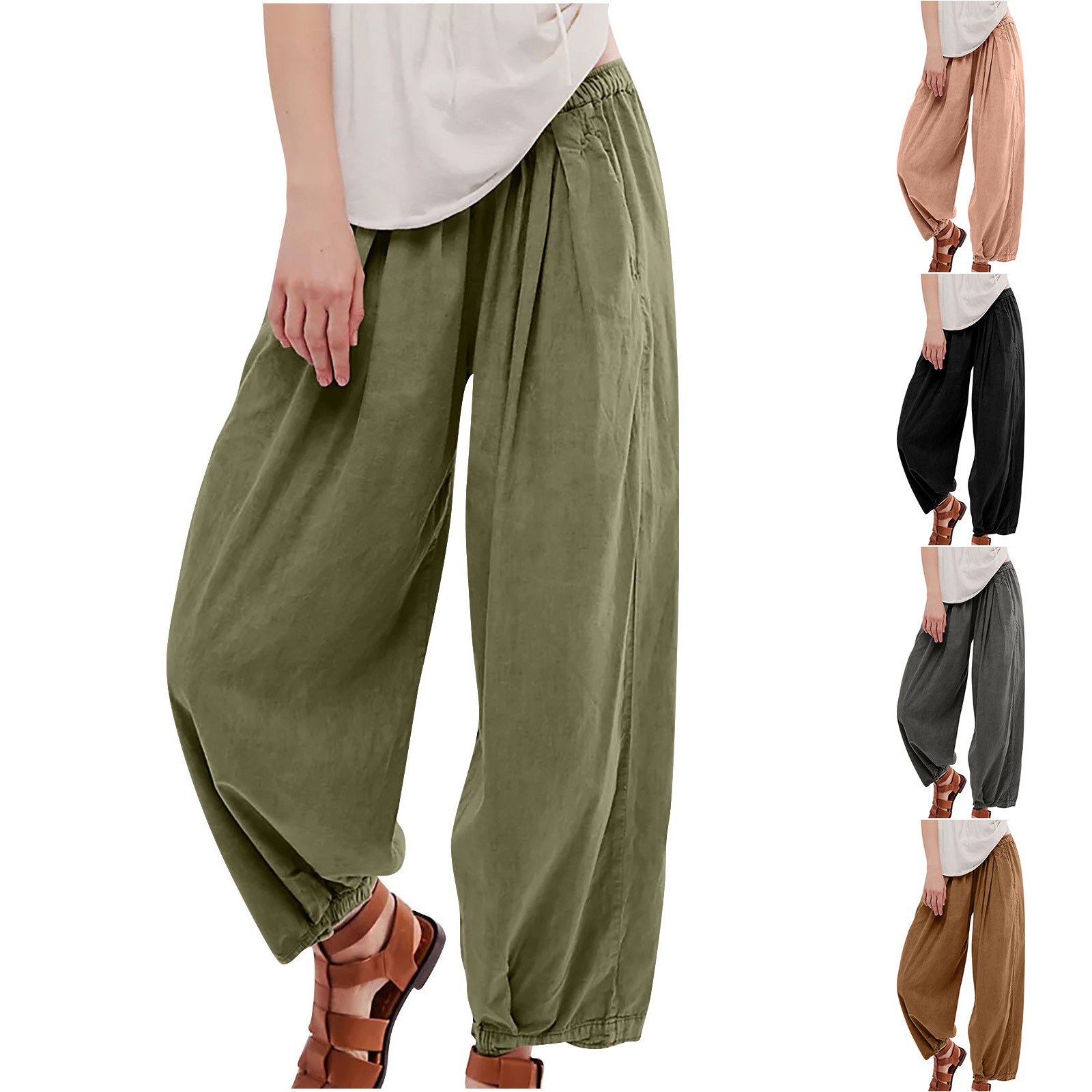 FNFYFH Clearance Cotton Linen Pants for Women Elastic waist Wide