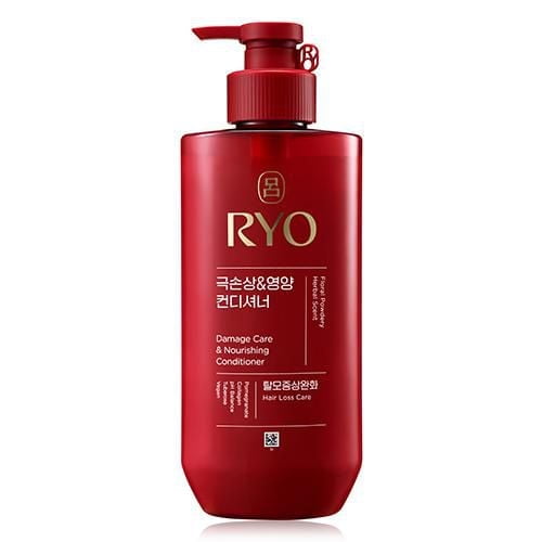 RYO Soin Anti-Dommages et Revitalisant Nourrissant en Bouteille à Pompe Rouge avec Texte Or et Blanc, Formulé avec 100 % d'Huile de Camélia de Corée pour Réparer les Cheveux Abîmés, Améliorer l'Élasticité, la Brillance, la Douceur et l'Humidité, Idéal pour le Soin de la Perte de Cheveux.
