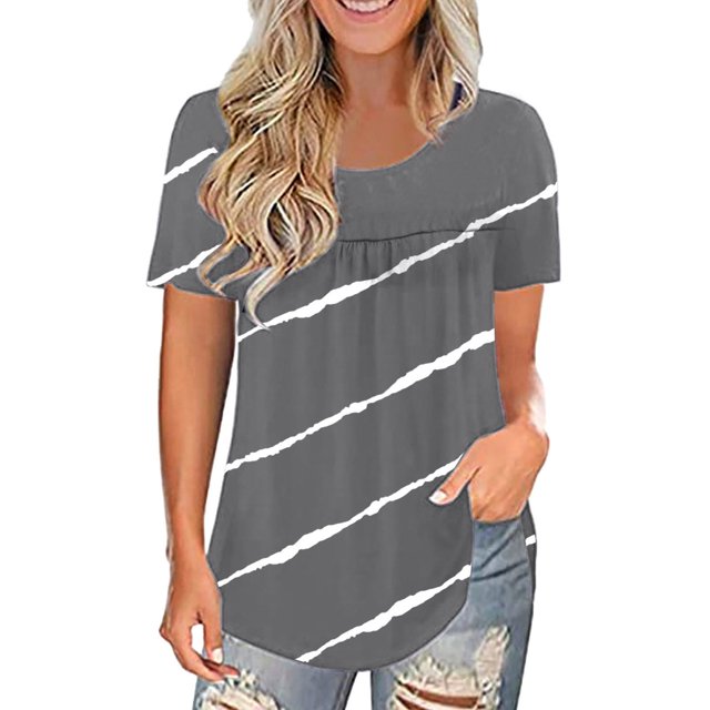 Pompotops Mode Femmes Dentelle Pachwork Imprimé Manches Courtes O-Cou Tops Casual Blouse