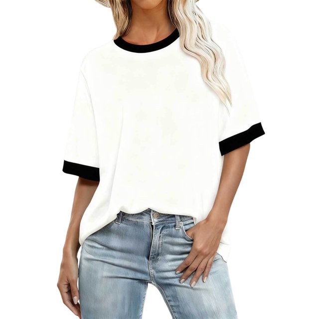 Staron Plus Size T-Shirts for Women Casual Patchwork Color Round Neck Short Sleeve Loose Comfy Basic Spring Summer Top, White S