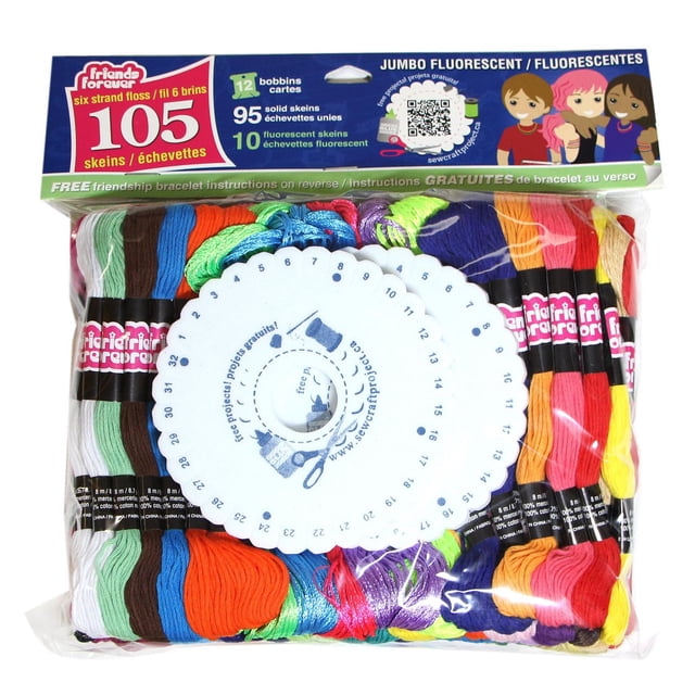 Friends Forever Embroidery Floss Jumbo Solids Pack with 105 skeins of 6-strand 100% mercerized cotton floss in solid and fluorescent colors, including 12 bobbins and a circular friendship bracelet pattern card, suitable for embroidery, needlepoint, and crafting projects.