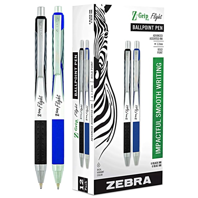 Zebra Stylo-bille Rétractable Pen Z Grip Flight, 6 Noirs et 6 Bleus (Total de 12 Stylos), Pointe Audacieuse, 1,2 mm