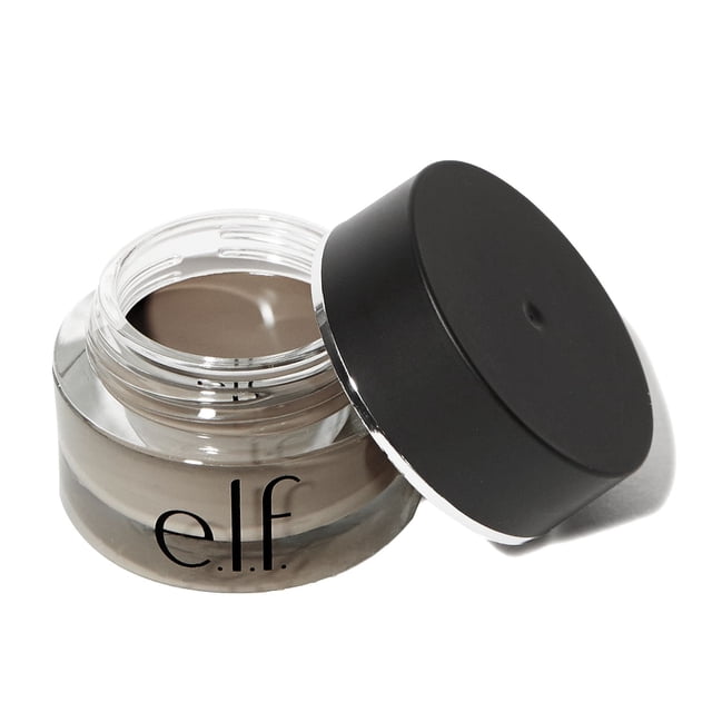 e.l.f. Cosmetics Lock on Liner and Brow Cream in a clear round jar with black lid beside it, showing smooth taupe cream inside, ideal for sculpting, shading, and defining brows; also suitable as eyeliner and eyeshadow for long-lasting colour.