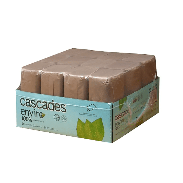 Cascades Singlefold Towel, 12 Pack, featuring 100% recycled fiber paper towels. The pack includes 12 bundles, each containing 250 sheets, for a total of 3000 sheets per case. These 1-ply towels are designed for hygienic dispensing in food service, restrooms, and high-traffic public venues. The packaging highlights the eco-friendly nature of the product with green leaf graphics and Cascades branding.