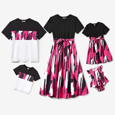 PatPat Family Matching Allover Floral Print Short-sleeve Dresses and Color Block Tops Sets
