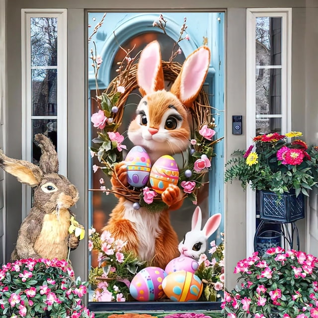 CaiYueKe Easter Door Curtain Spring Holiday Decorations Bunny Rabbit Egg Pattern Party Backdrop Wall Hanging Decorative Banner for Home Festival Celebration Indoor Outdoor