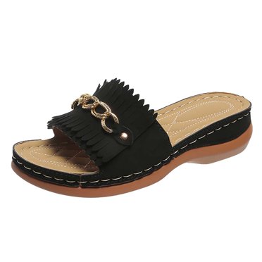 EQWLJWE Sandals Women 2022 Metal Buckle Thick Bottom Fringed Beach Slippers Women's Orthopedic Wedge Sandals