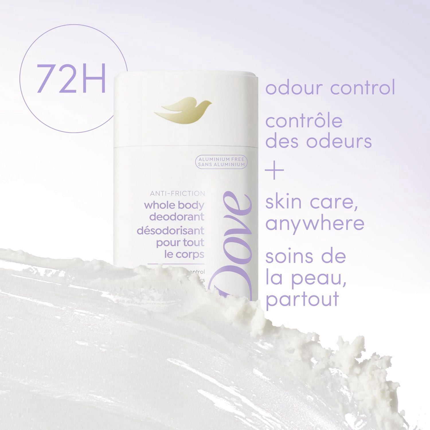 Déodorant corporel sans aluminium Bâton Anti-Friction, Dove parfum noix de coco et vanille, 72 heures de protection anti-odeurs