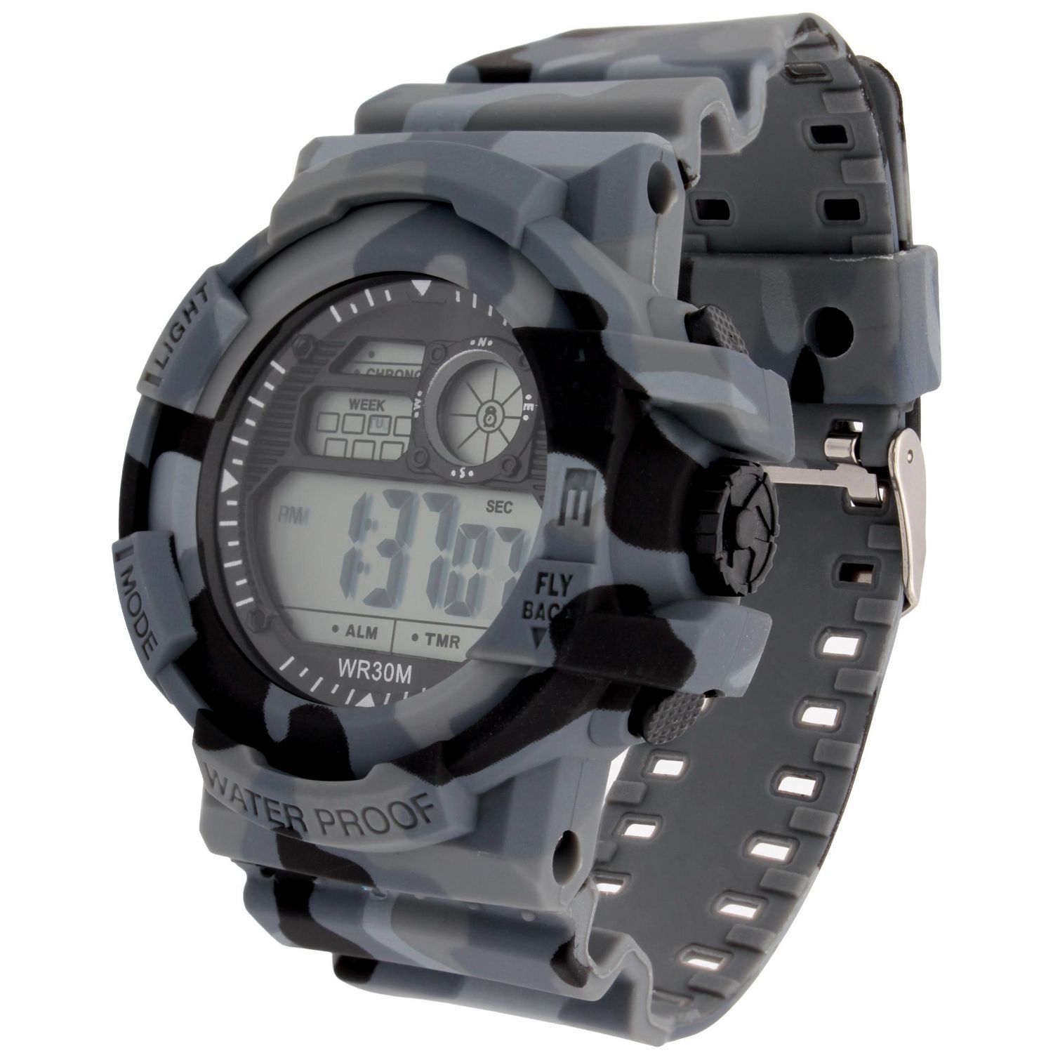 Montre de sport numérique à camouflage gris avec cadran noir.