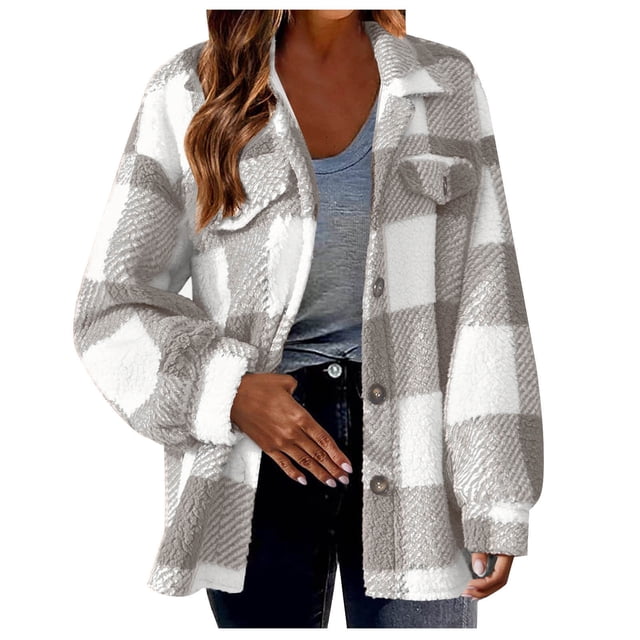 Timegard Womens Jacket Plus Size Plaid Stand Collar Button down Fleece Hooded Jacket Winter Fuzzy Warm Coat