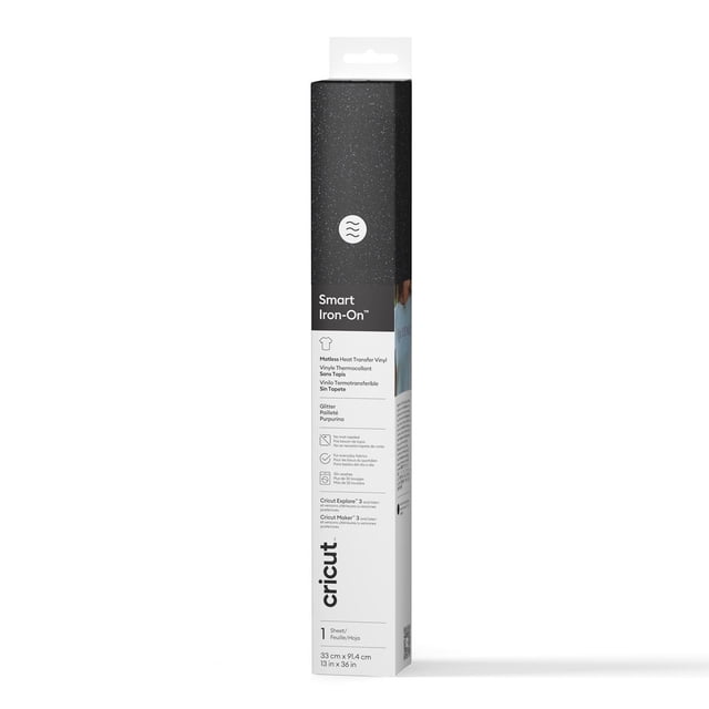 Cricut® Smart Iron-On™ Rouleau Pailleté Noir, 13 Po par 3 Pi, Vinyle de Transfert Thermique mat avec texture Pailletée, Conçu pour une Utilisation Sans Tapis de Découpe et compatible avec Cricut Explore 3 et Maker 3, Convient aux Projets de Vinyle d'Artisanat et de Transfert Thermique.