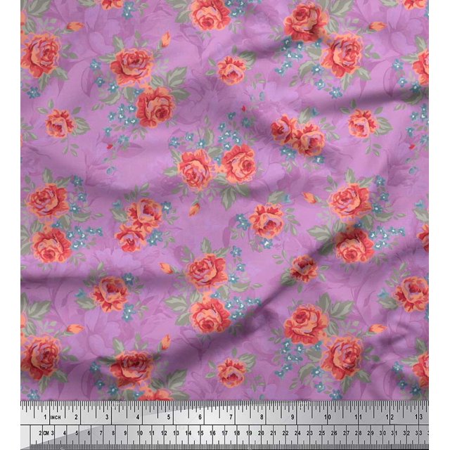 Soimoi Tissu Crêpe polyester Feuilles & Roses Imprimé Floral 1 Yard 42 Pouces de Large