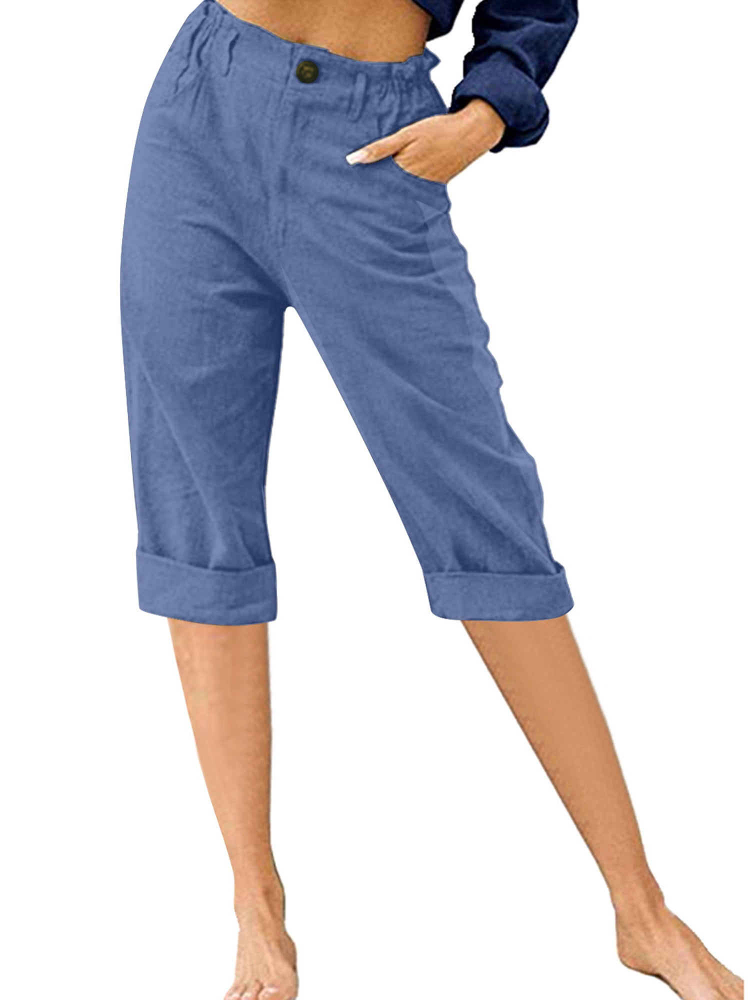 Innerwin Women's High Waist Beach Button Lounge Capri Pants, Denim Blue, S