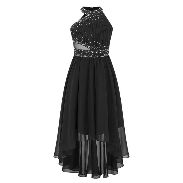 Oyolan Robe Trapèze à Col Licou pour Fille, Demoiselle d'Honneur Junior, Fille aux Fleurs, Robe Maxi Asymétrique en Mousseline, Robe de Fête, Noir, 8
