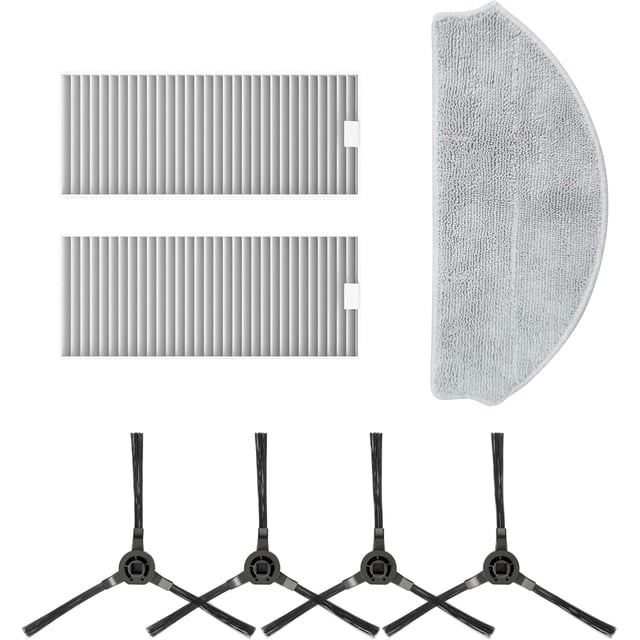 PrettyCare Robot Vacuum HEPA Filter for C2, Robot Vacuum Cleaner (7 Pack) including 3 grey HEPA filters, 4 black side brushes, and 2 grey mops. Compatible with PrettyCare C2 models, these washable and easy-to-install accessories enhance cleaning efficiency.