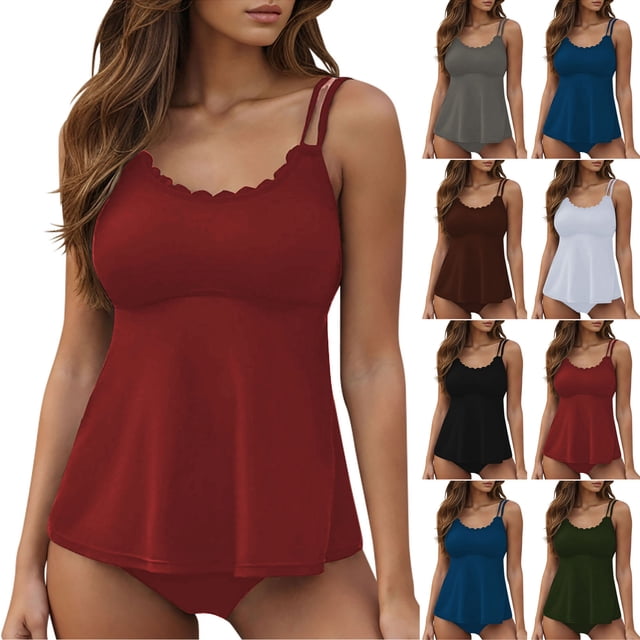 VBTAPA Tankini Swimsuits for Women Two Piece Modest Bathing Suits Blouson Swim Tank Top with Bottom 2 Pieces Set Daily Sales Brown M