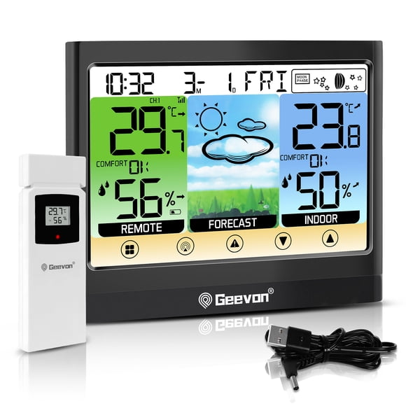 Geevon Weather Station Wireless Indoor Outdoor Thermometer, Touch LCD Display Digital Thermometer Hygrometer with Heat Index, Dew Point, Comfort Indicator, Alarm Clock and Adjustable Backlight