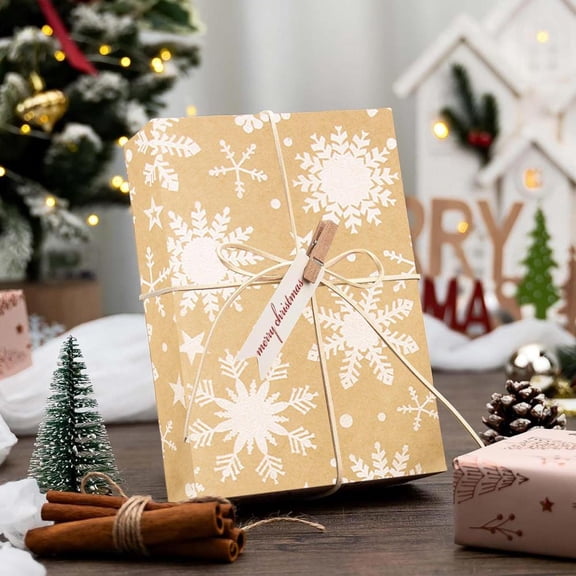 Feltree Grand Papier d'Emballage Kraft de Noël avec Motifs Festifs Blancs - 39x17 Pouces pour Cadeaux de Vacances et Bricolage