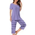 thumbnail image 2 of Timegard Ensembles de Pyjamas pour Femmes 2 Pcs Détente Col Rond Manches Courtes Haut Pantalon Capri à Rayures avec Poches Tenues, 2 of 7
