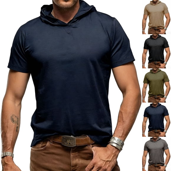 Men's Short Sleeve Hooded T-Shirt Top Tee Breathable Casual Loose Fit for Streetwear Daily Wear Loungewear Outdoor Hiking Gym Workout Great Gift for Him | IhhxPro,Navy S