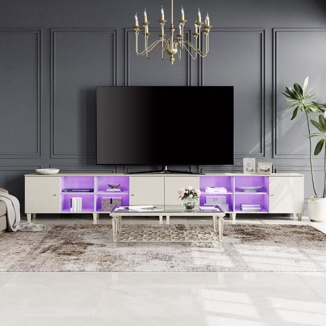 WAMPAT Set of 2 Mid-Century TV Stand with 16 Colors LED Light,Modern Entertainment Center with Door Storage and Open Shelf for up to 100 Inch TV, TV Console Table for Living Room, Beige