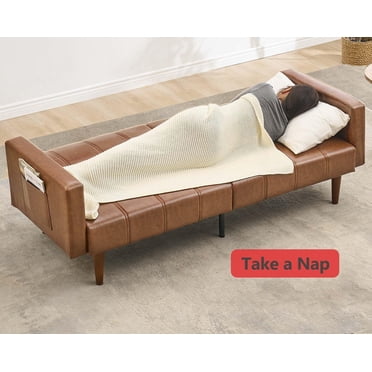 Mid-Century Modern PU Leather Futon Sofa Bed, 75" Convertible Sleeper Couch - Adjustable Backrest, Side Pockets - Space-Saving Living Room Furniture - Easy Assembly - Brown