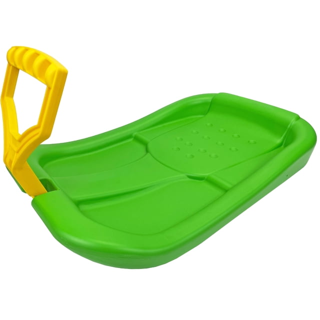 ArcticThrill Snow Sled for Kids - Snowpilot Slider, a vibrant green single-rider downhill toboggan made of durable molded plastic with a yellow adjustable handle for grip. Features an ergonomic profiled seat with textured details for comfort and balance. Designed for snowy terrain, it measures 75 cm in length, 36 cm in width, and 23 cm in height, suitable for children up to 50 kg. Ideal for outdoor winter fun under adult supervision.
