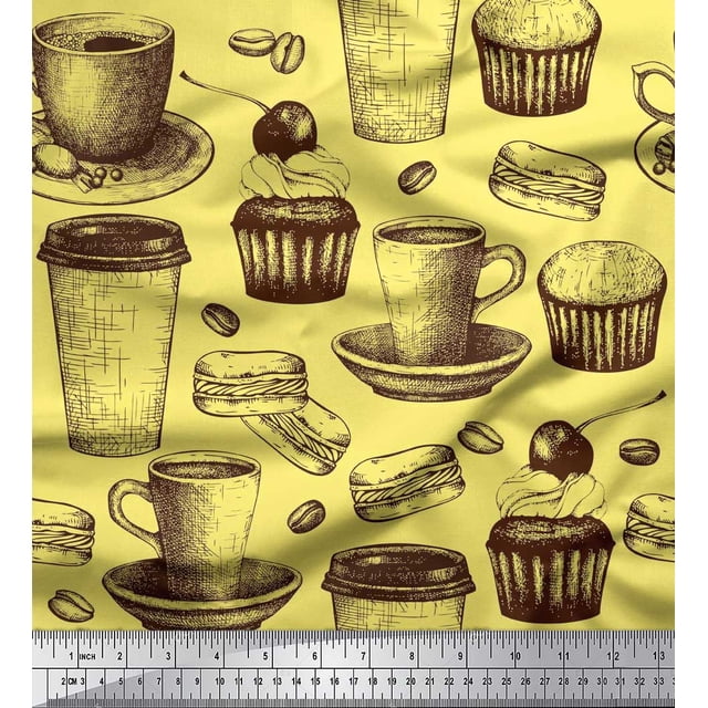 Soimoi Rayon Fabric Burger,Cupcake & Cups Printed Craft Fabric by the Yard 42 Inch Wide