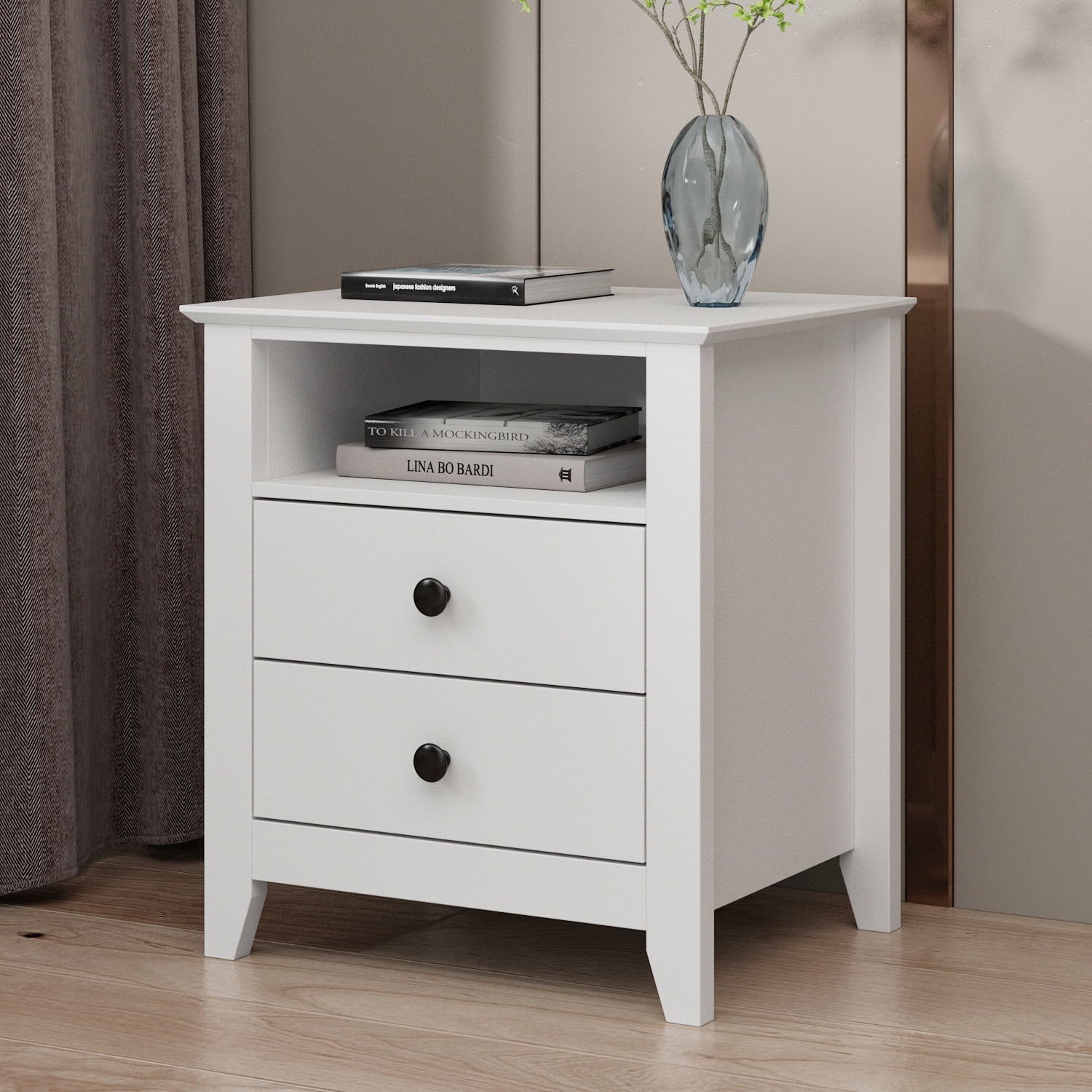 Oxylife Modern Nightstand with 2 Storage Drawers & 1 Open Shelf, Minimalist and Versatile Bedside Table Sofa End Side Table, White (19.7”W x 15.7”D x 21.7”H)