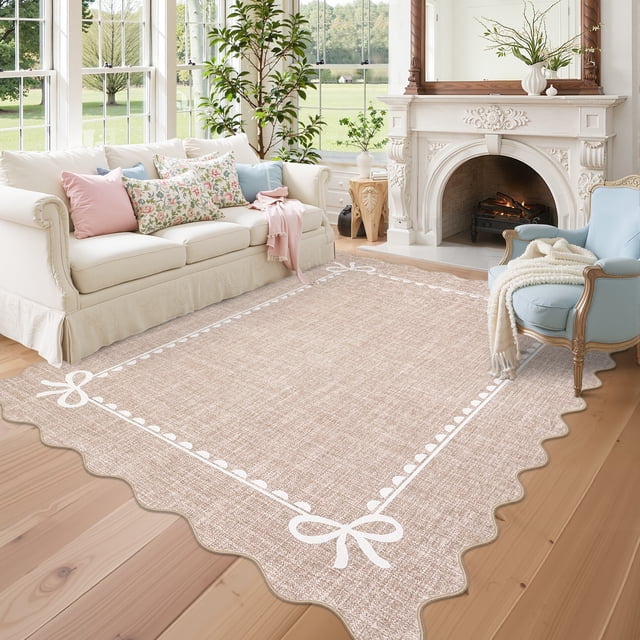 GlowSol 6'x9' Scalloped Bow Border Area Rug, Modern Solid Washable Rug with Non Slip TPR Backing, Stain Resistant Low Pile Indoor Carpet Mat for Bedroom Hallway Nursery Decor, Camel