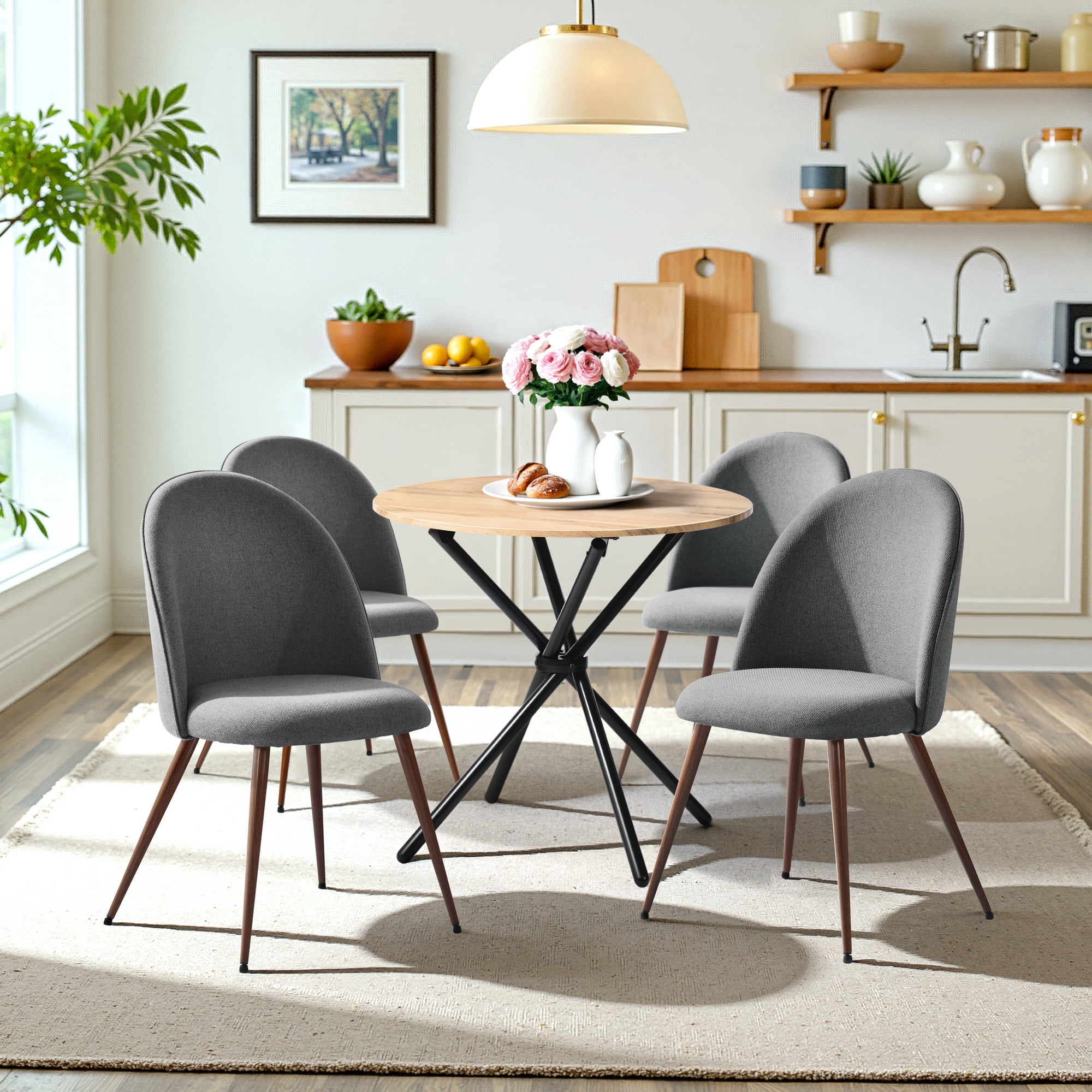 Homy Casa chaises de salle à manger lot de 2, tissu gris, dossier courbé, pieds en métal aspect noyer