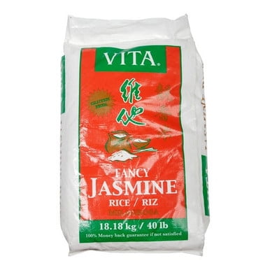 Vita Fancy Jasmine Rice 18.18Kg/40 Lbs. A large white bag with red and green accents, featuring branding and product details prominently displayed, suitable for pantry storage and bulk use.