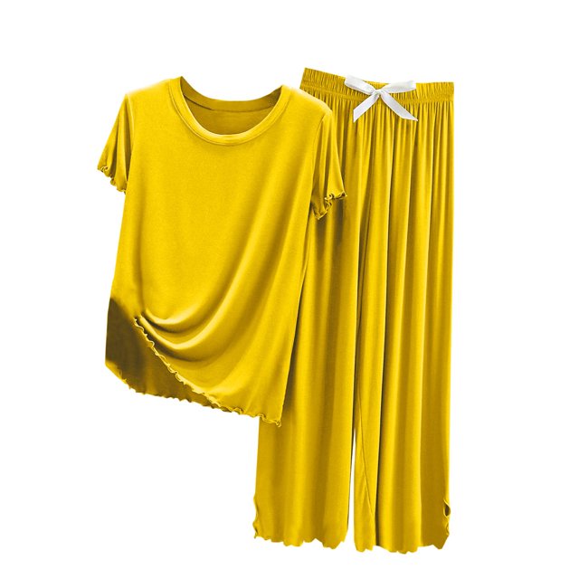 Yuyuzo Ensemble de Pyjama pour Femmes, Manches Courtes à Volants, Col Rond, Vêtements de Nuit, Pantalon Taille Haute