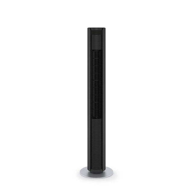 Peter The Powerful Tower Fan in black with vertical vents and a round silver base