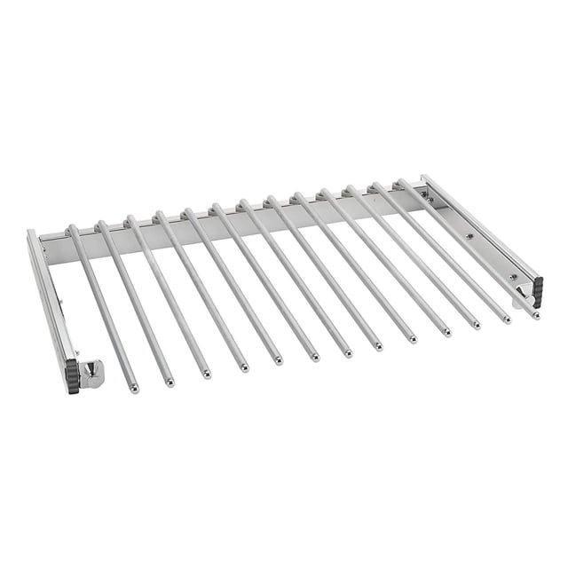 Rev-A-Shelf PSC-2414CR 24-inch closet pullout pant rack in chrome, featuring 13 non-slip hanging rods and moveable fingers for easy access. Made of heavy gauge plated metal wire with a full-extension ball-bearing slide system. Designed for closets with a width of 23.75 to 24.5 inches and a depth of 14 inches or more. Includes mounting hardware for side installation. Also suitable for use as a towel rack in kitchens or bathrooms.