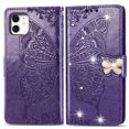 thumbnail image 1 of Wallet Case for iPhone 11Pro 5.8', PU Leather Flip Protective Phone Case Wrist Strap Card Slots Holder Pocket Emboss Butterfly Flower Stand Case for iPhone Dark Purple, 1 of 9