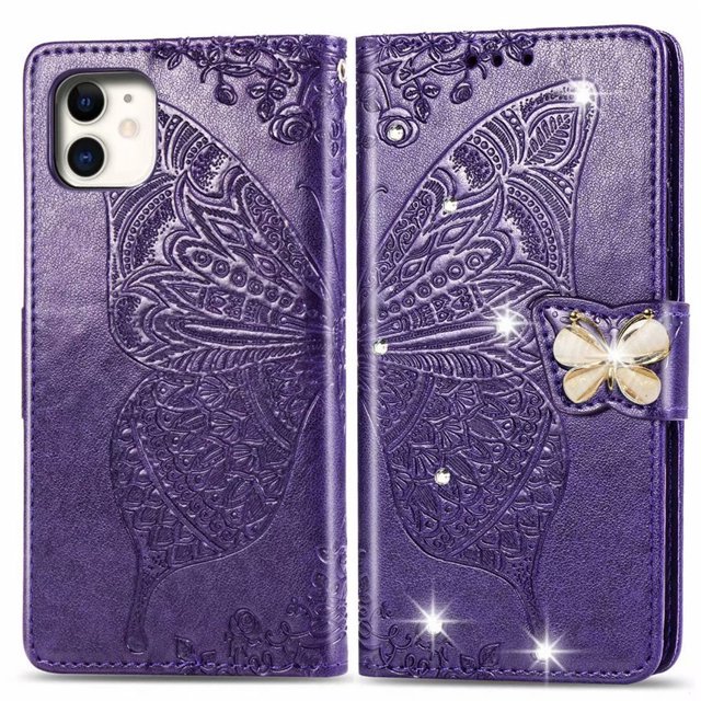 Wallet Case for iPhone 11Pro 5.8', PU Leather Flip Protective Phone Case Wrist Strap Card Slots Holder Pocket Emboss Butterfly Flower Stand Case for iPhone Dark Purple