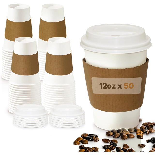12oz Disposable Coffee Cups with Lids and Sleeves – Set of 50 Disposable Cups for Hot and Cold Drinks – White Paper Cups with Lids and Covers for Thermal Protection – 50 Units, 12oz Each