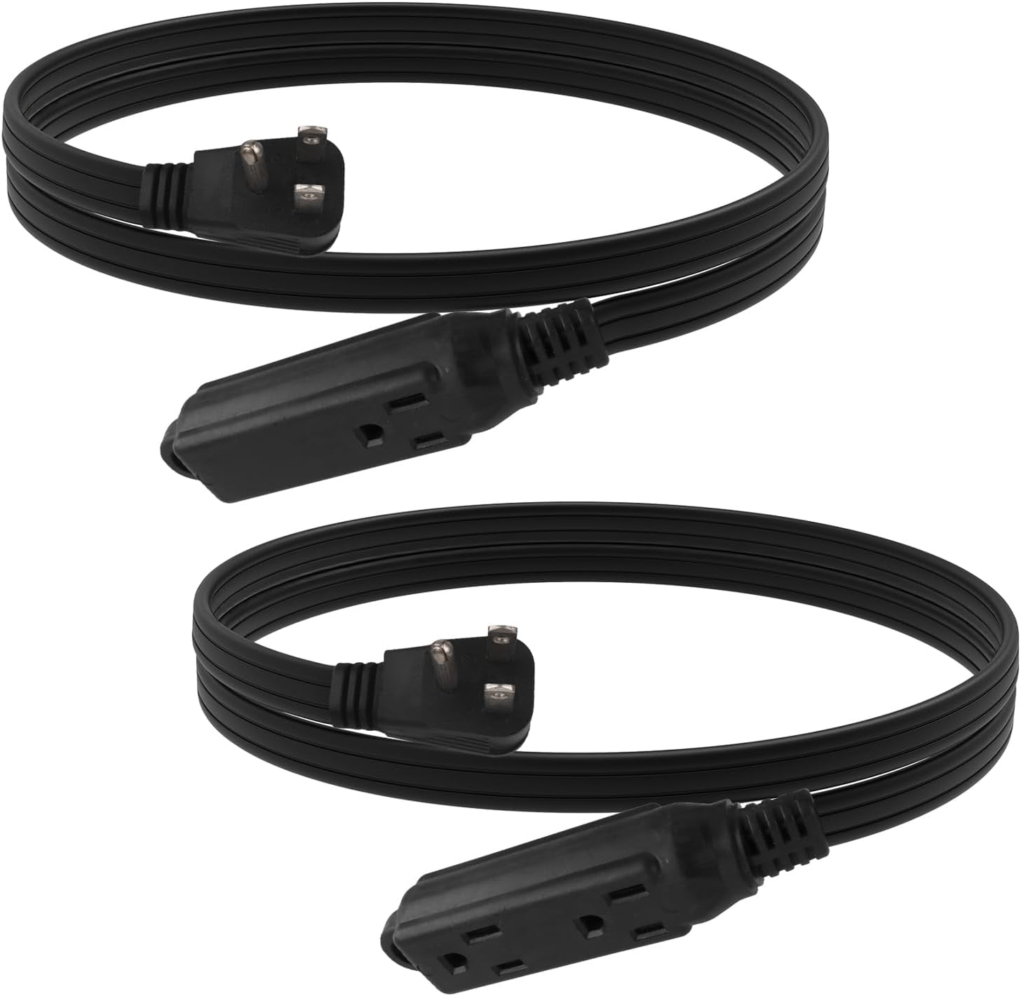 EP Low Profile 3 Ft Flat Plug Extension Cord - 16 AWG 3 Prong Grounded Cable with 3 Outlets, Perfect for Indoor Use, 2 Pack, Black