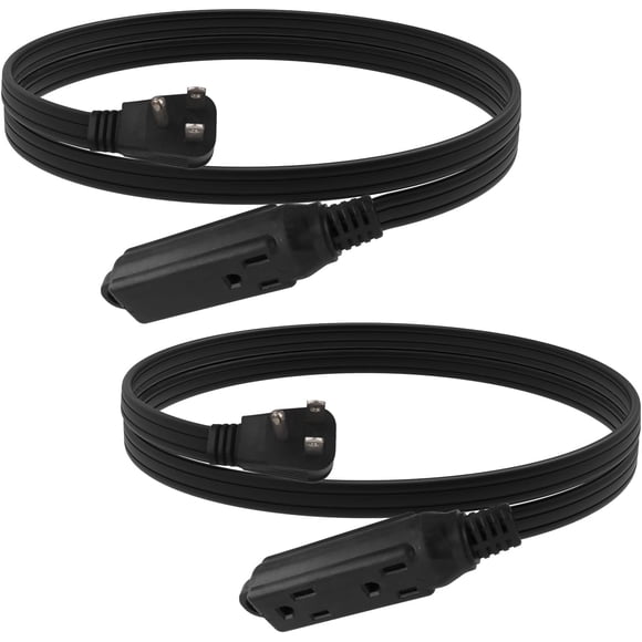 EP Low Profile 3 Ft Flat Plug Extension Cord - 16 AWG 3 Prong Grounded Cable with 3 Outlets, Perfect for Indoor Use, 2 Pack, Black