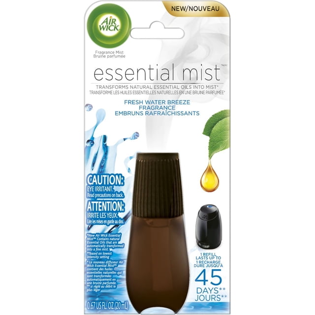 Air Wick Essential Mist Fragrance Oil Diffuser Refill Fresh Water Breeze, 0.67 US fl. oz. (20 mL), brown bottle with black ribbed cap, transforms natural essential oils into intermittent mist for up to 45 days, includes eye irritant caution and bilingual English-French packaging, suitable for aromatherapy and home fragrance.