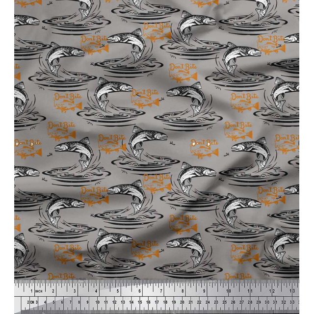 Soimoi Black polyester Crepe Fabric Text & Fish Ocean Print Fabric by Yard 52 Inch Wide
