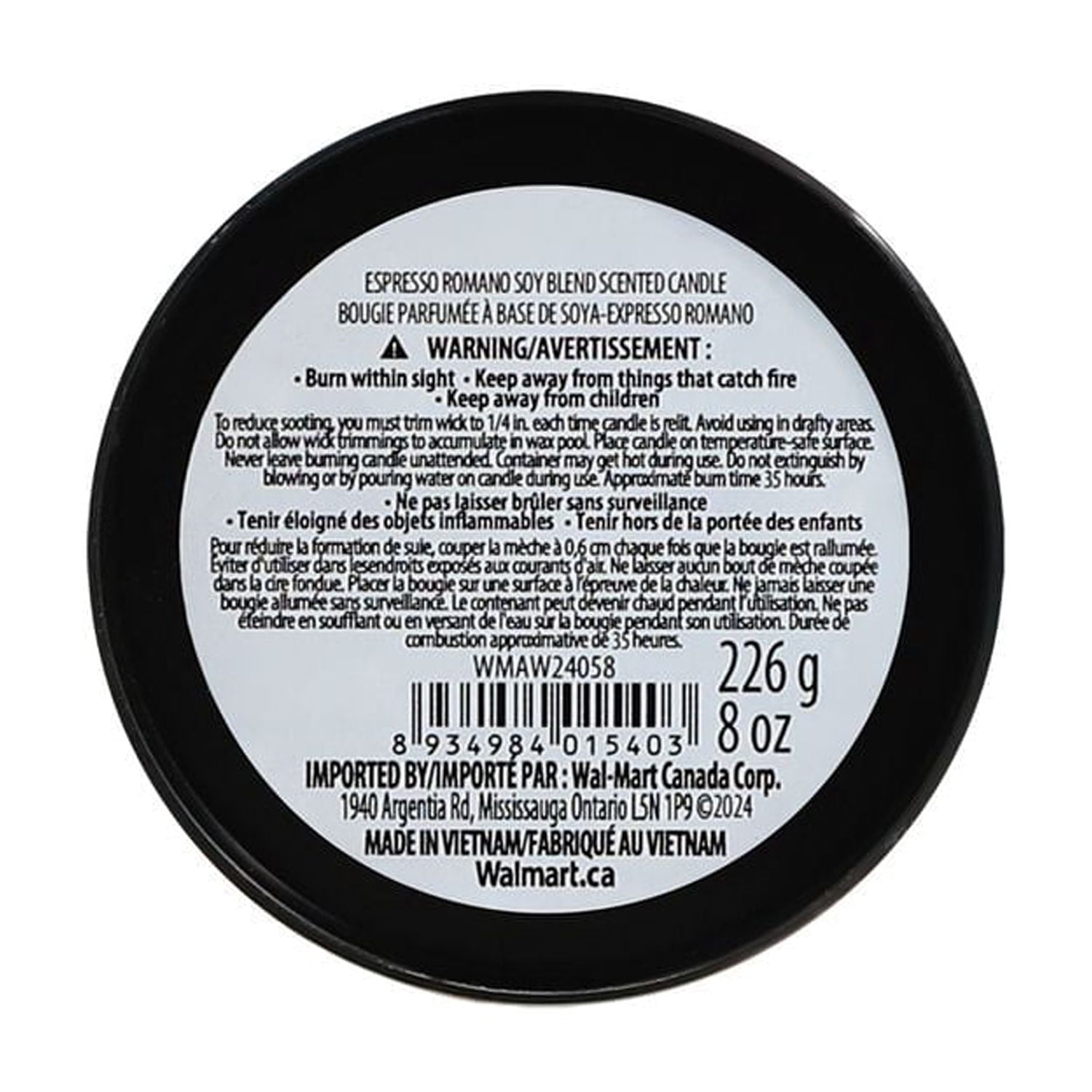 Aroma Light 8oz Espresso Romano Soy Wax Blended Scented Candle, 1 mèche de coton